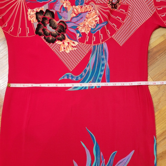 Lizzy & Johnny Silk Dress Red With Floral Asian Print Side Slit Slit Sleeves - Picture 12 of 16